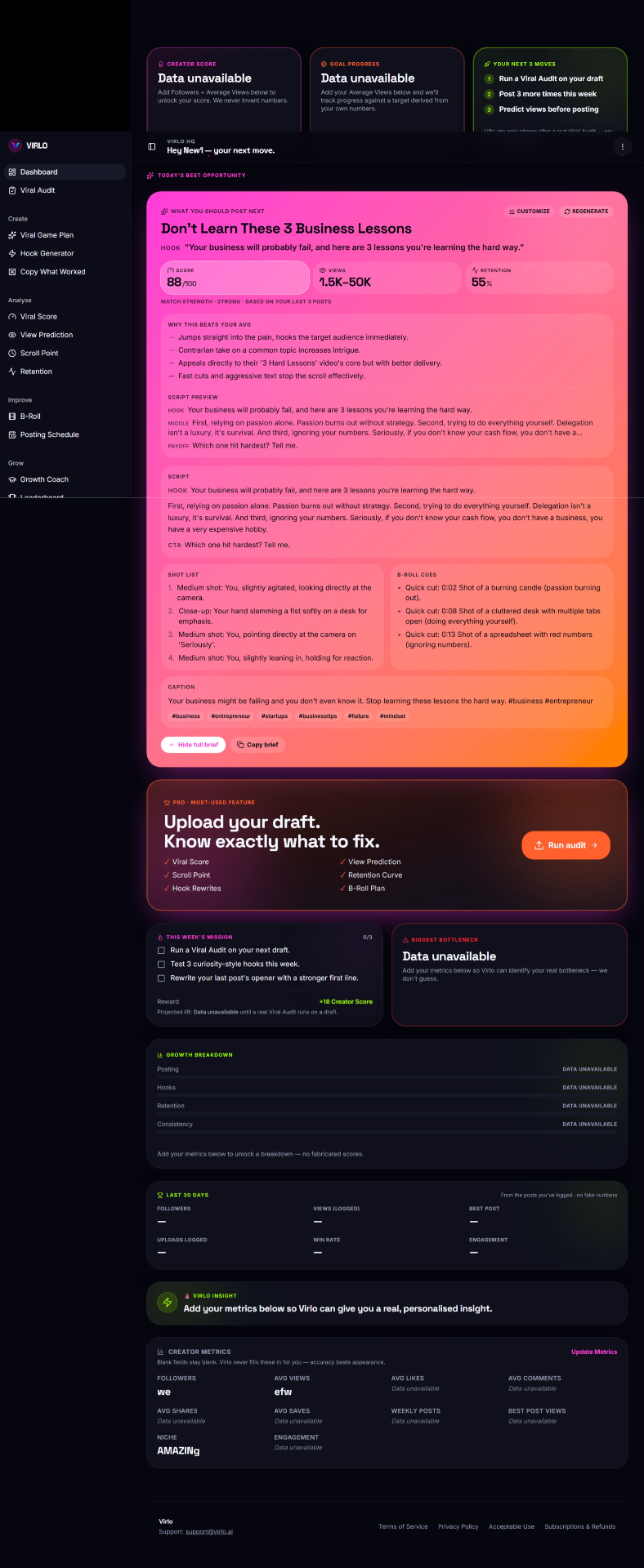 Virlo dashboard with today's full viral plan — hook, script, shot list, B-roll cues and caption